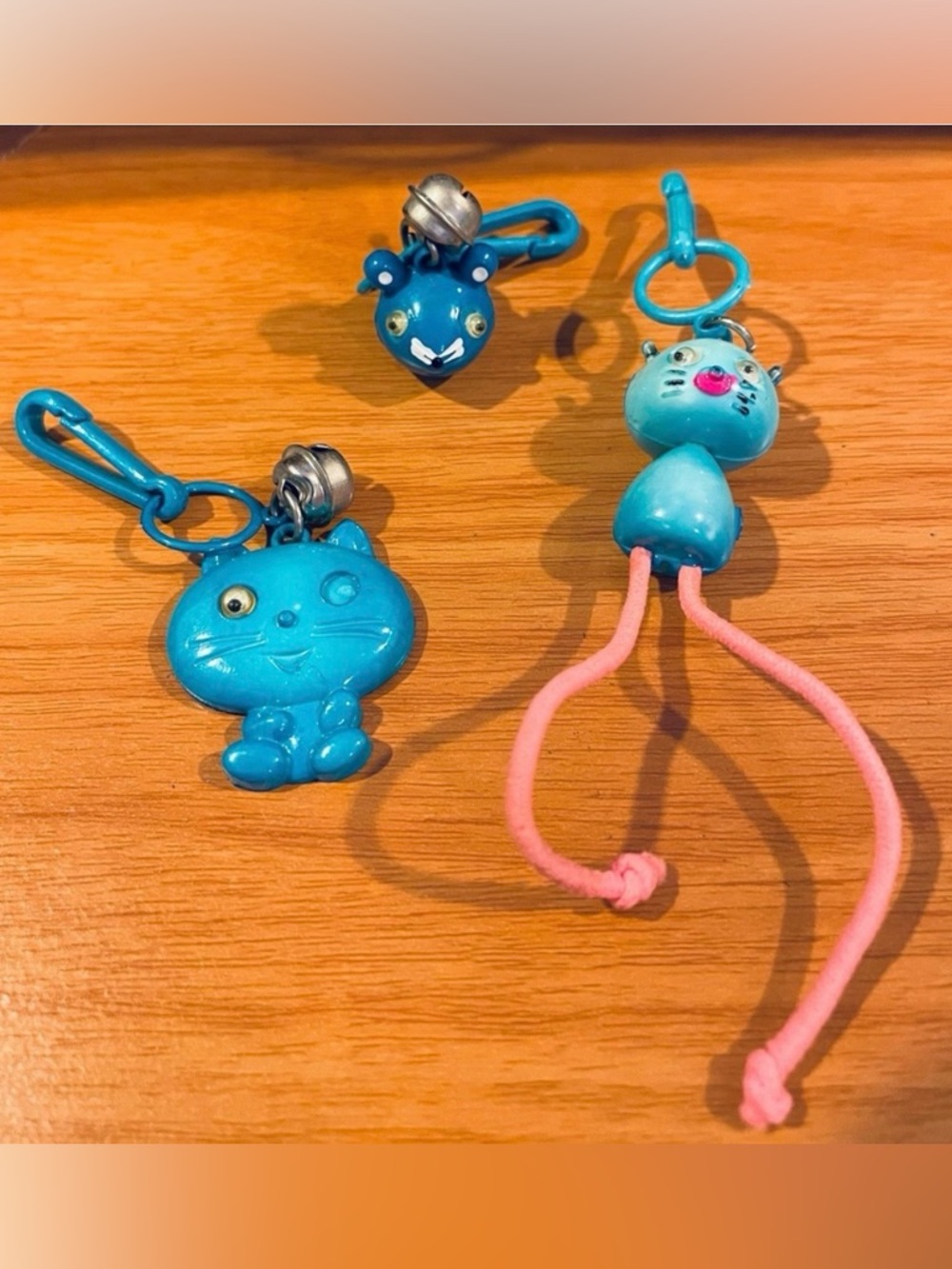 Vintage 1980s Plastic Bell Charms 2 Blue Cats & 1 Mouse 80s Necklace Lot of 3
